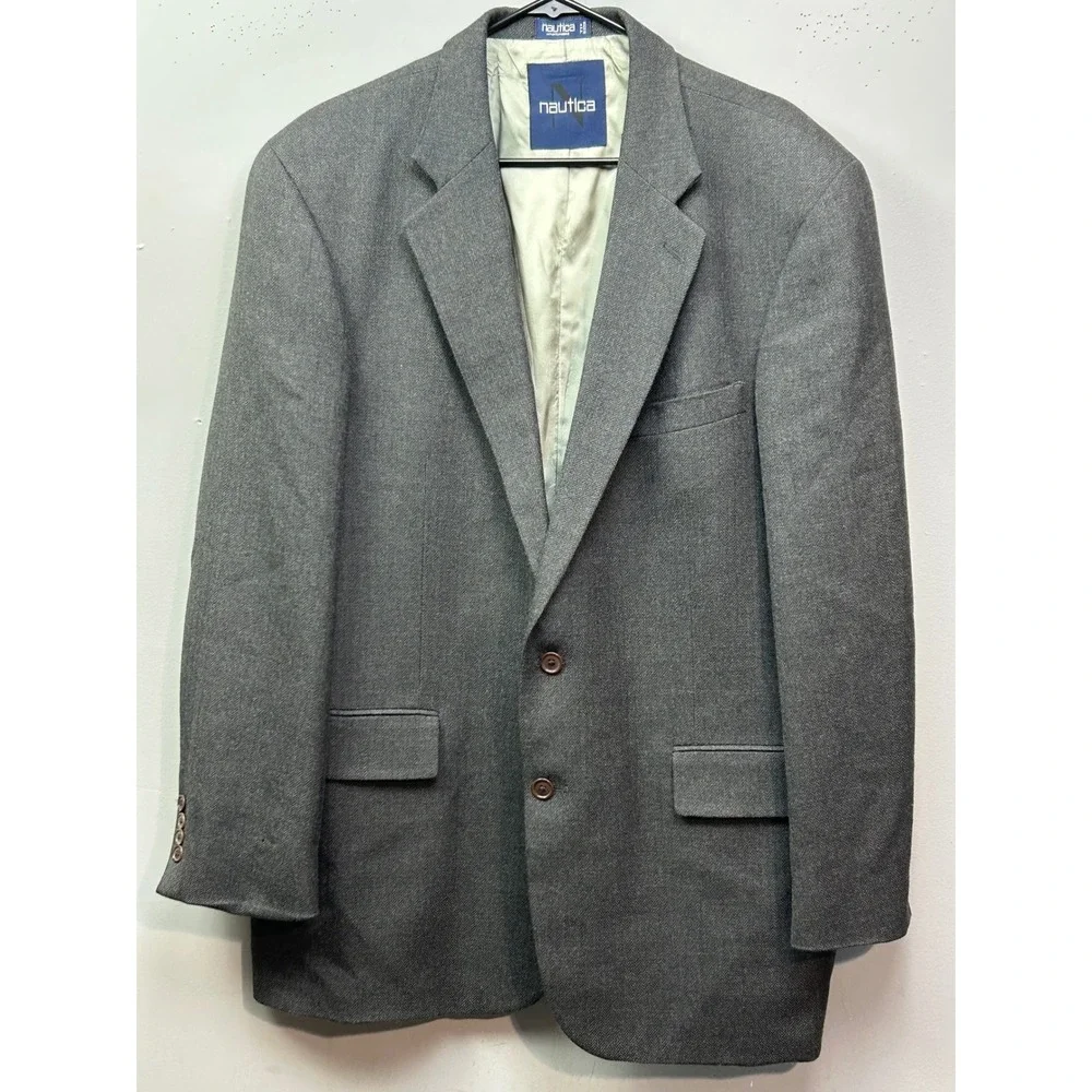 Nautica Mens 46L Wool Cashmere Herringbone‎ Blazer Charcoal Grey Sport Coat USA